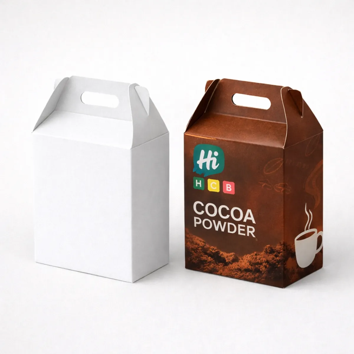 A plain white gable box next to a brown custom-printed cocoa box with a handle- class=